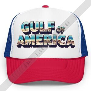 Gulf Of America Trump Maga Custom Postcard Font Foam Trucker Hat RED WHITE BLUE